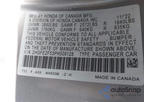 2023 Honda Civic Sport z USA, uszkodzony, nr VIN 2HGFE2F53PH509128